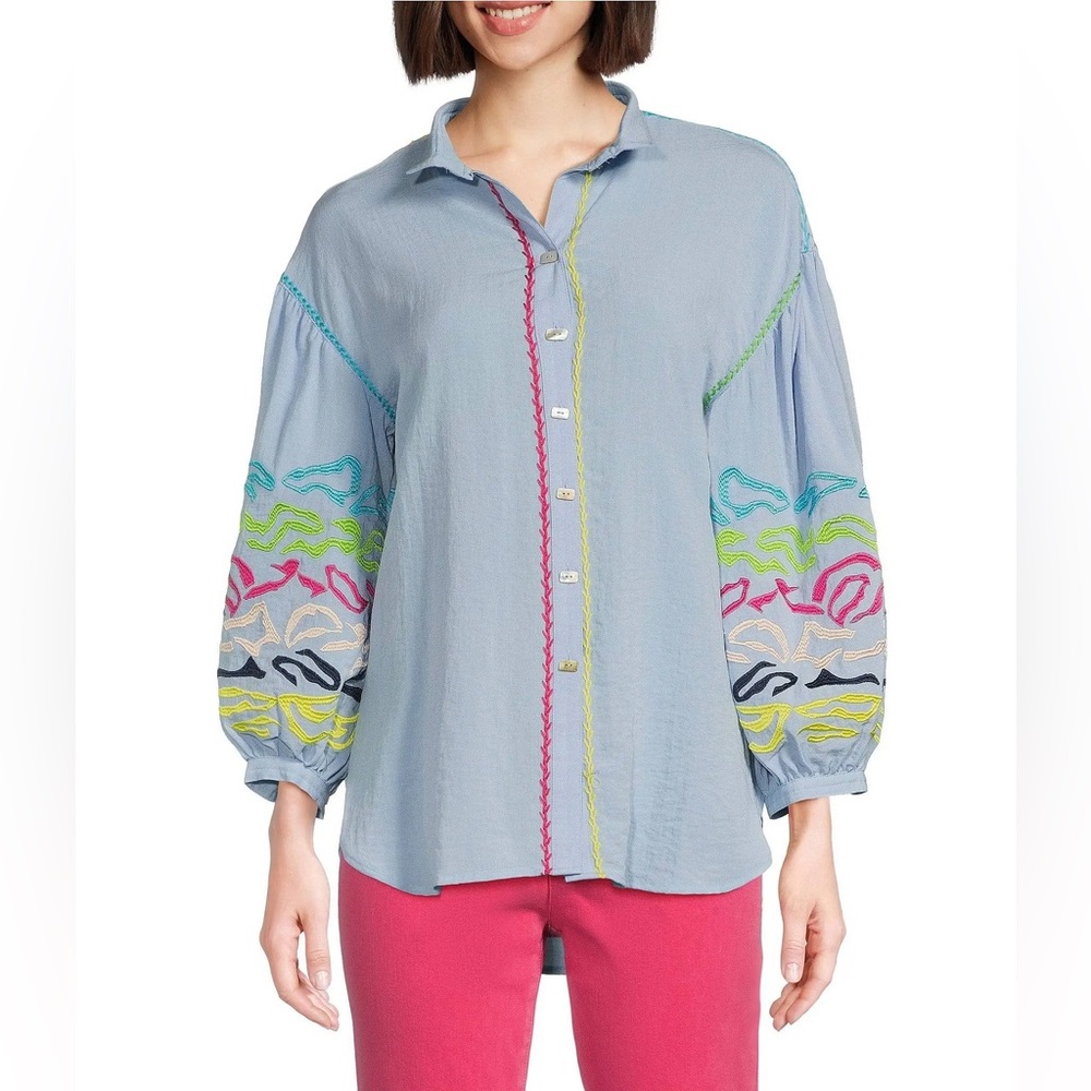 NWT John Mark Button Front Blouse with Embroidered Sleeves Sz XL